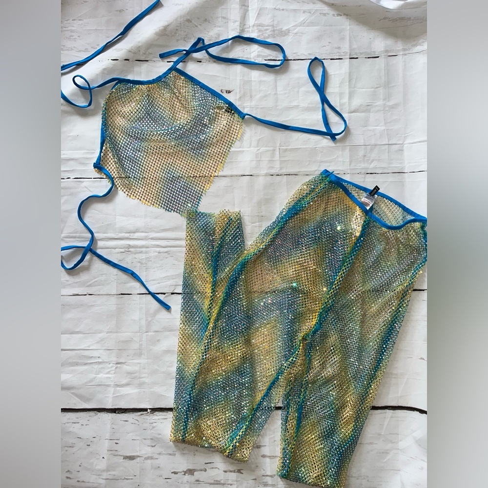 Blue and yellow rhinestone pants, top, and bandana cover up small/medium - Picture 6 of 11